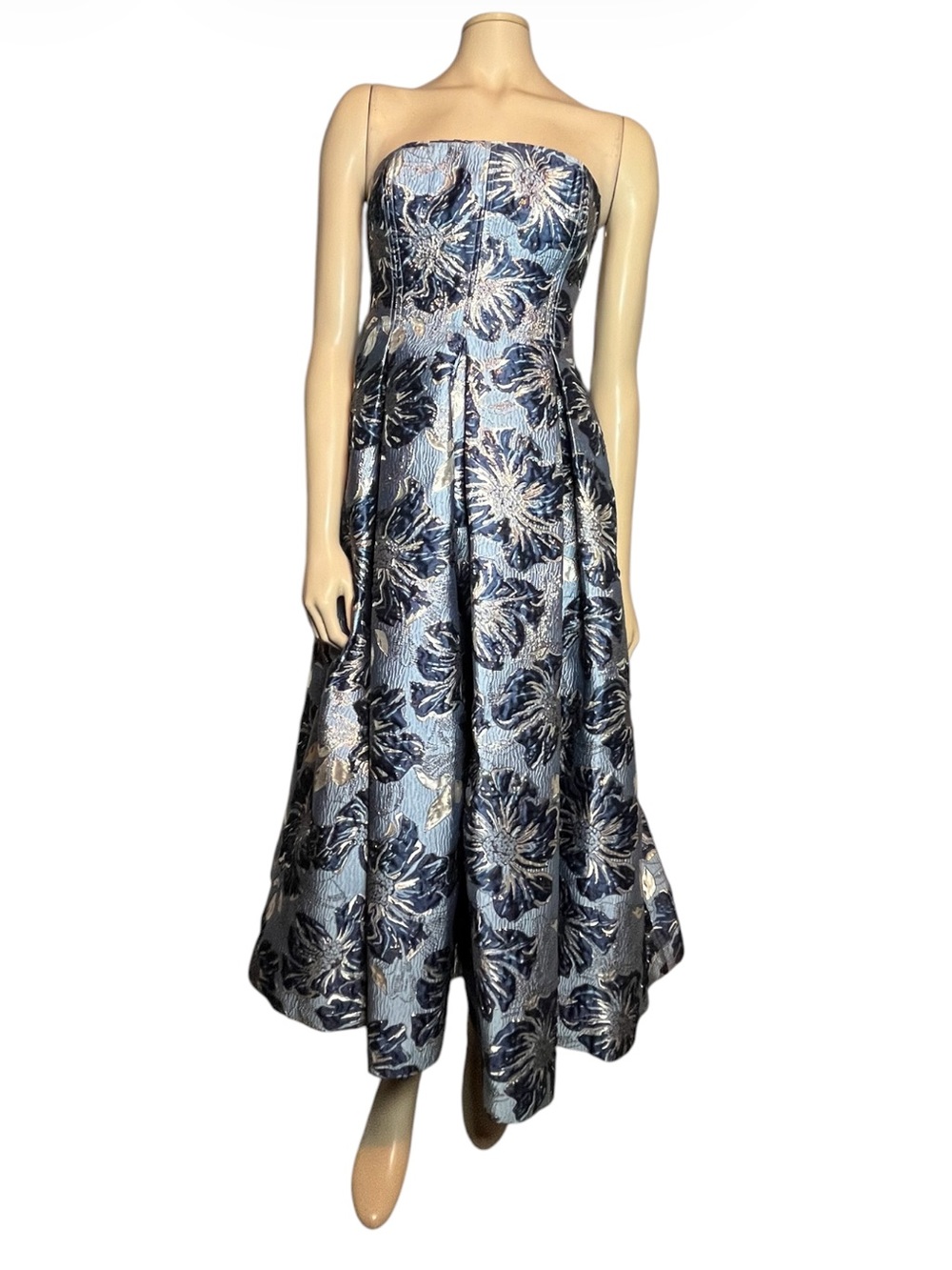 Donna Karen Strapless Metallic Blue Floral Jacquard Dress
